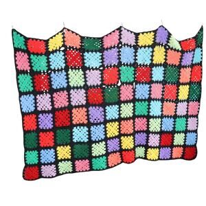 Vintage Granny Square Crochet Blanket 55x40 Black Multicolor
